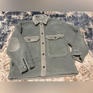 Zara Olive Green Sherpa Fleece Corduroy Trim Button Front Shirt Jacket Small